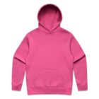 Pink hooded sweatshirt with a front pocket, laid flat on a white background.