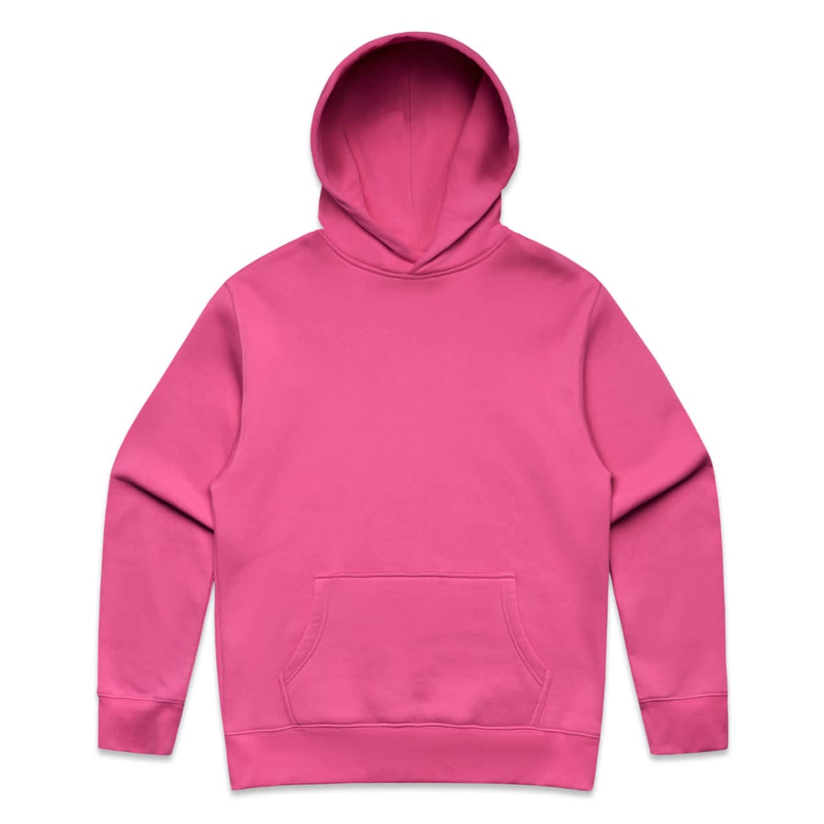 Pink hooded sweatshirt with a front pocket, laid flat on a white background.
