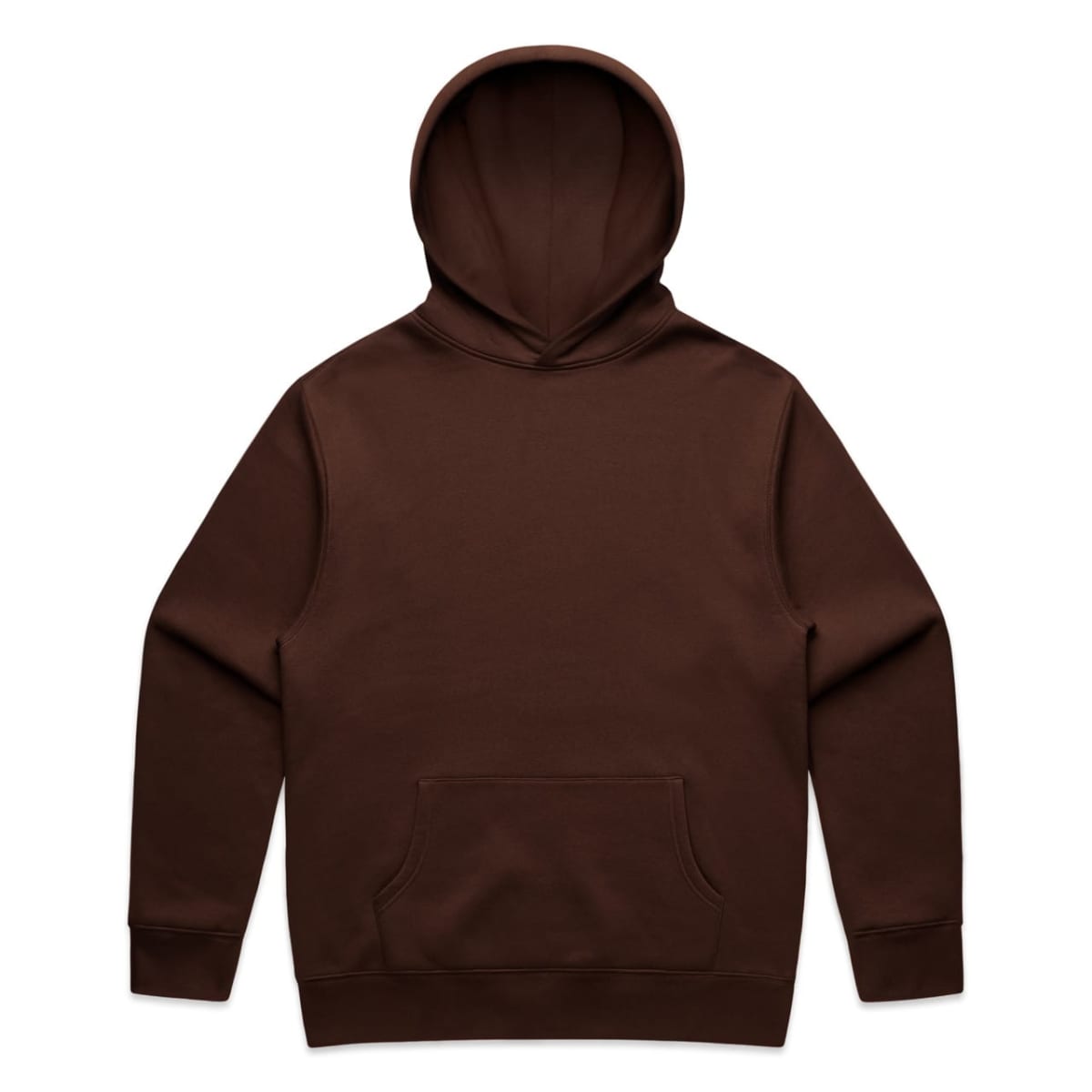 Brown hooded sweatshirt with a front pocket, laid flat on a white background.