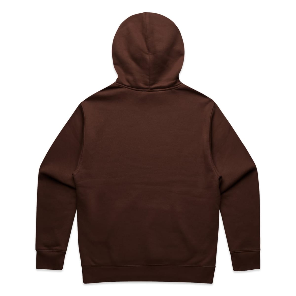 Back view of a plain brown hooded sweatshirt with long sleeves.