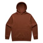 Brown hooded sweatshirt with a front pocket, laid flat on a white background.