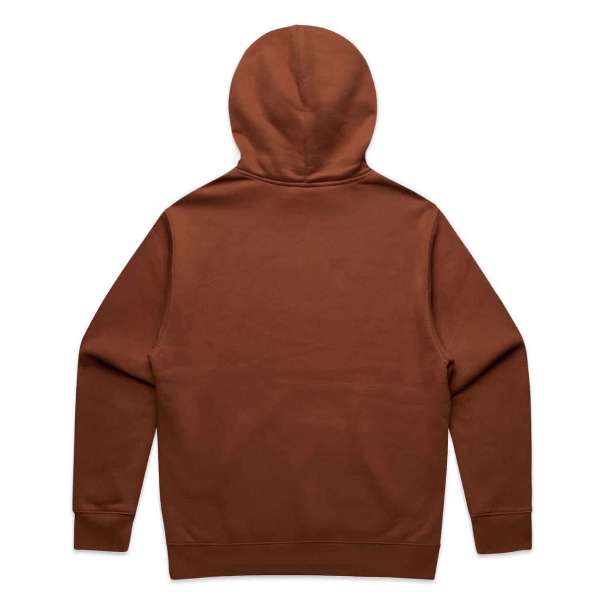 Brown hooded sweatshirt shown from the back against a white background.
