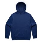 Plain navy blue hooded sweatshirt with front pocket, laid flat on a white background.