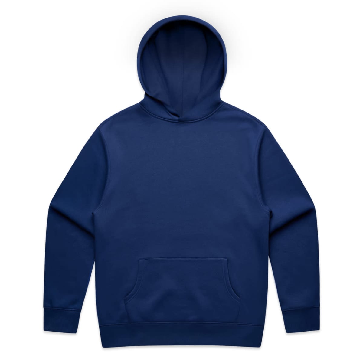 Plain navy blue hooded sweatshirt with front pocket, laid flat on a white background.