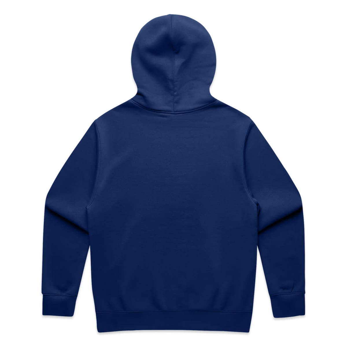 Rear view of a plain navy blue hooded sweatshirt with no visible designs or logos.
