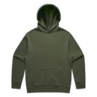 Olive green hooded sweatshirt with front pocket, laid flat on a white background.