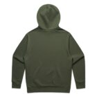 Olive green hoodie shown from the back, with hood up and sleeves spread out.