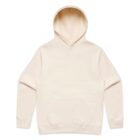Beige hooded sweatshirt with front pocket, laid flat on a white background.