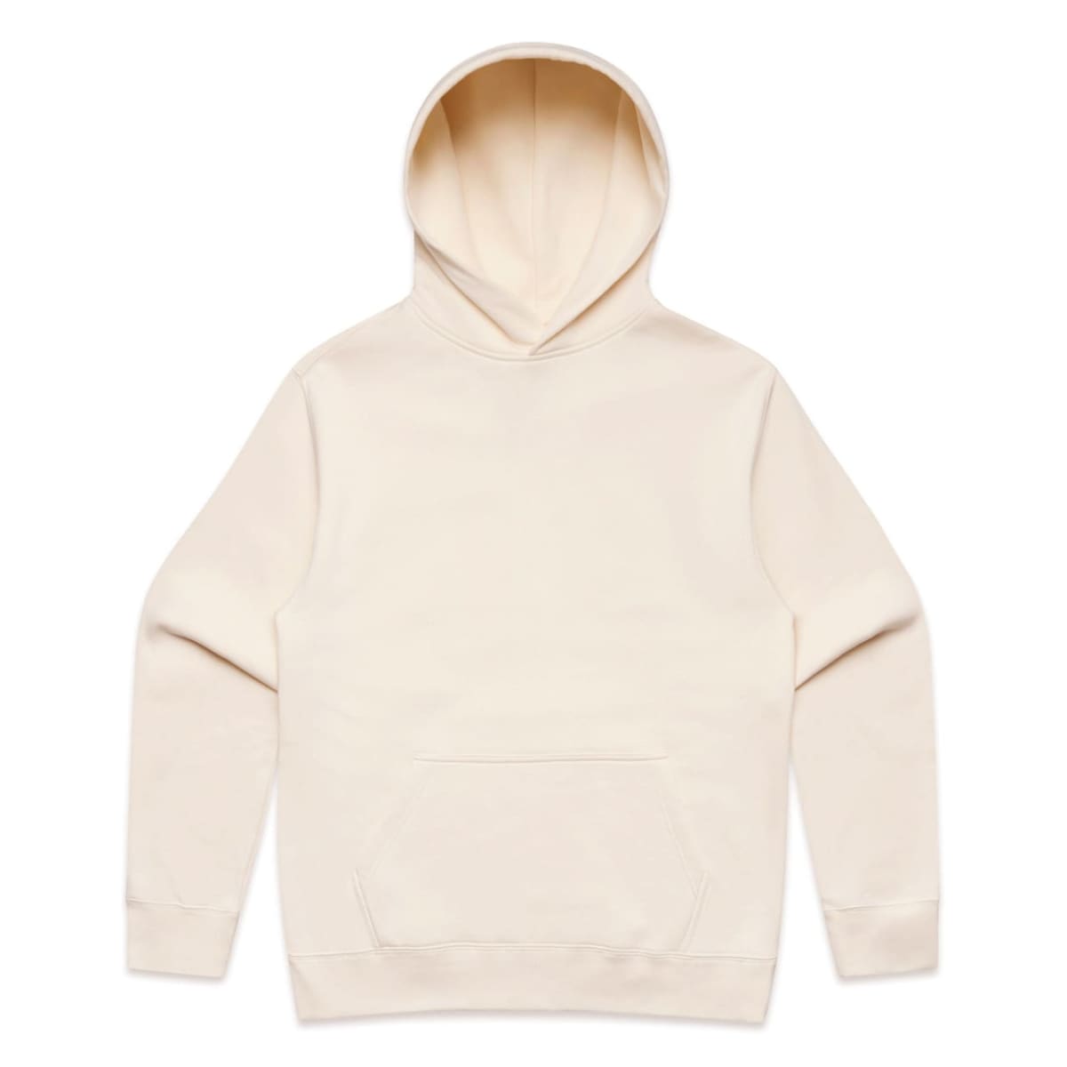 Beige hooded sweatshirt with front pocket, laid flat on a white background.