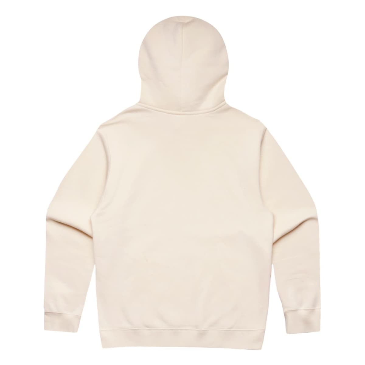 Beige hooded sweatshirt displayed flat, shown from the back.