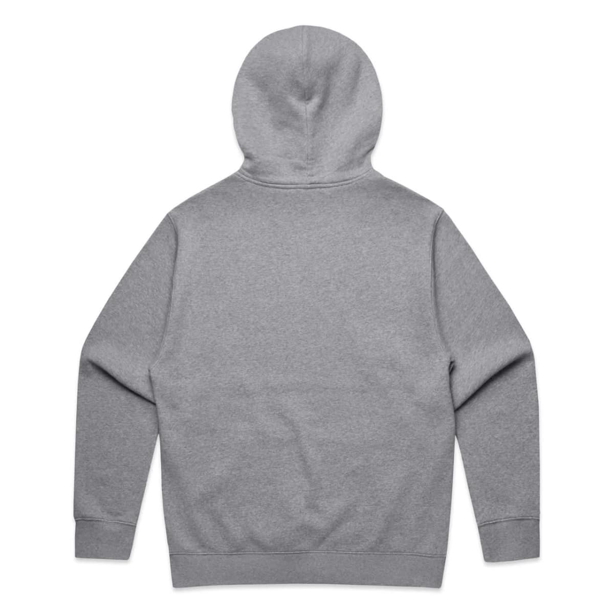 Back view of a plain gray hooded sweatshirt with long sleeves.