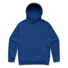 Plain blue hooded sweatshirt with a front pocket, laid flat on a white background.