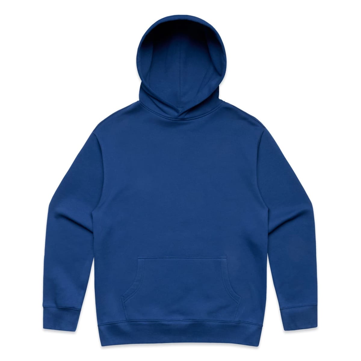 Plain blue hooded sweatshirt with a front pocket, laid flat on a white background.