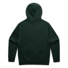 Back view of a plain dark green hooded sweatshirt with long sleeves.
