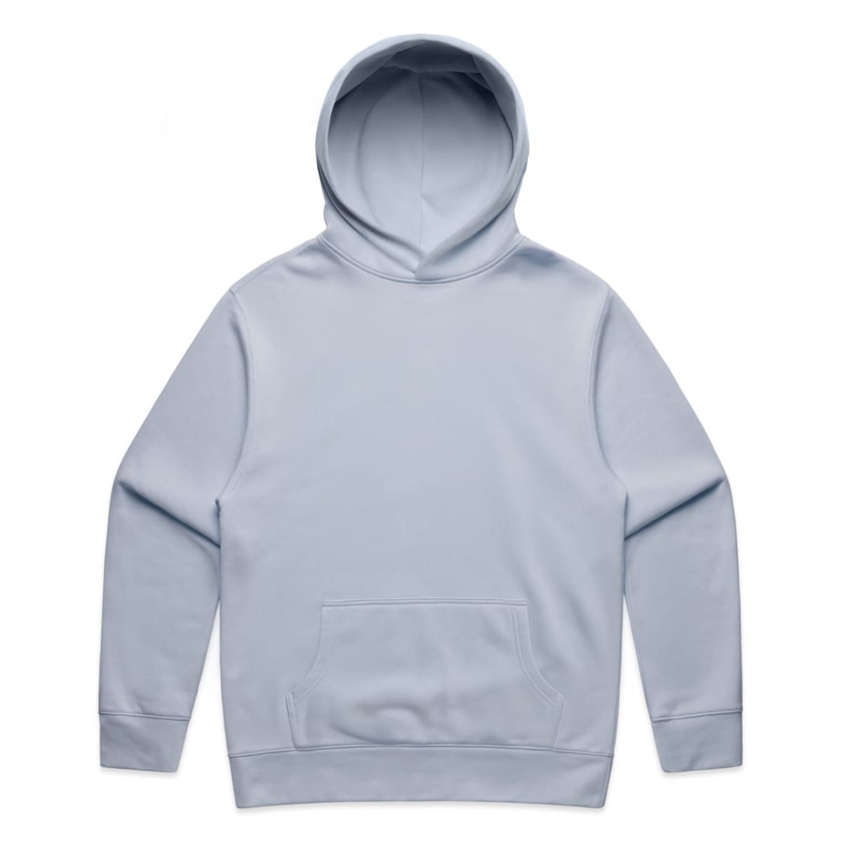 Light blue hooded sweatshirt with a front pocket, laid flat on a white background.