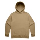 Tan hoodie with front pocket and hood, displayed on a white background.
