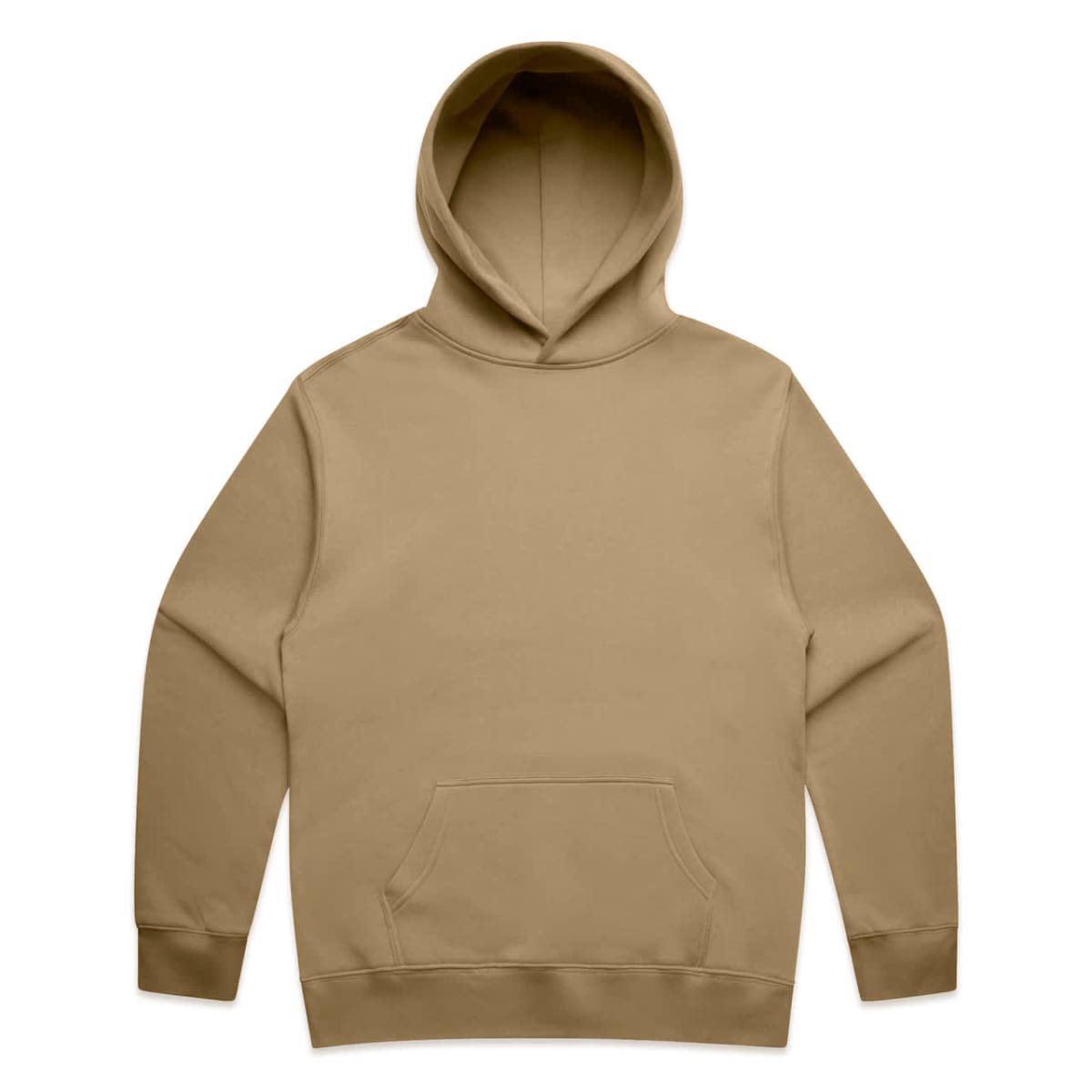 Tan hoodie with front pocket and hood, displayed on a white background.