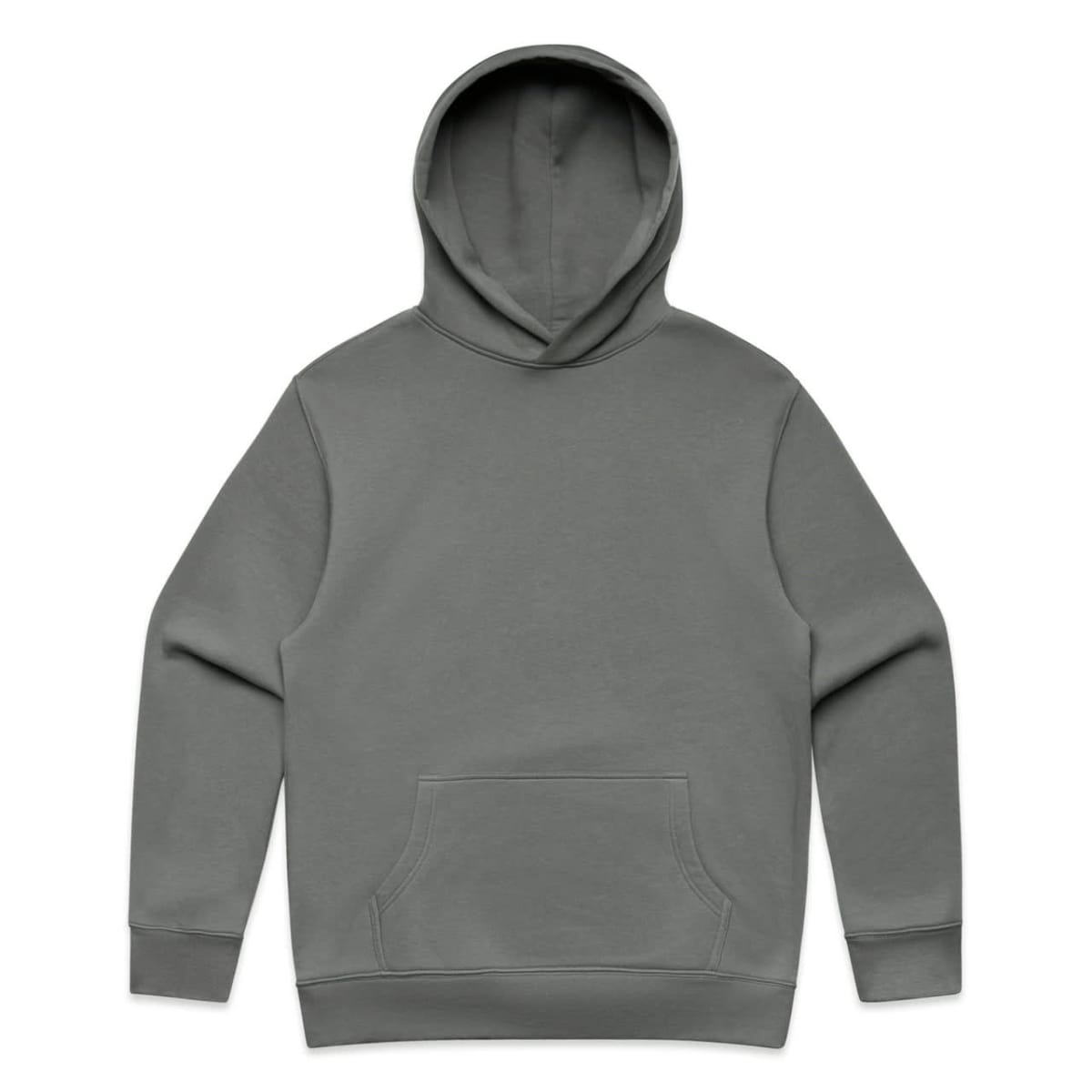 Plain gray hooded sweatshirt with long sleeves and a front kangaroo pocket.