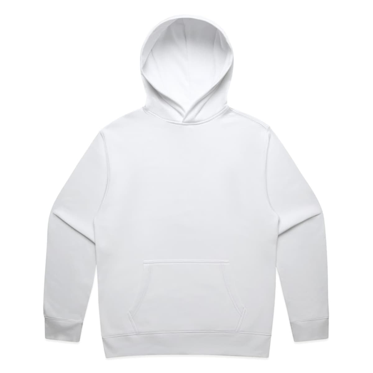 Plain white hooded sweatshirt with a front pocket, laid flat on a white background.