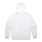Back view of a plain white hooded sweatshirt on a white background.