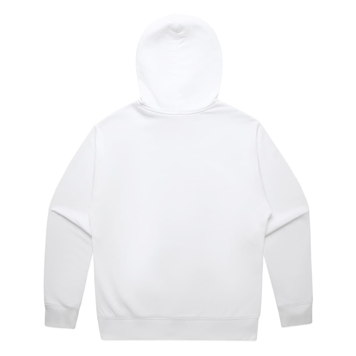 Back view of a plain white hooded sweatshirt on a white background.