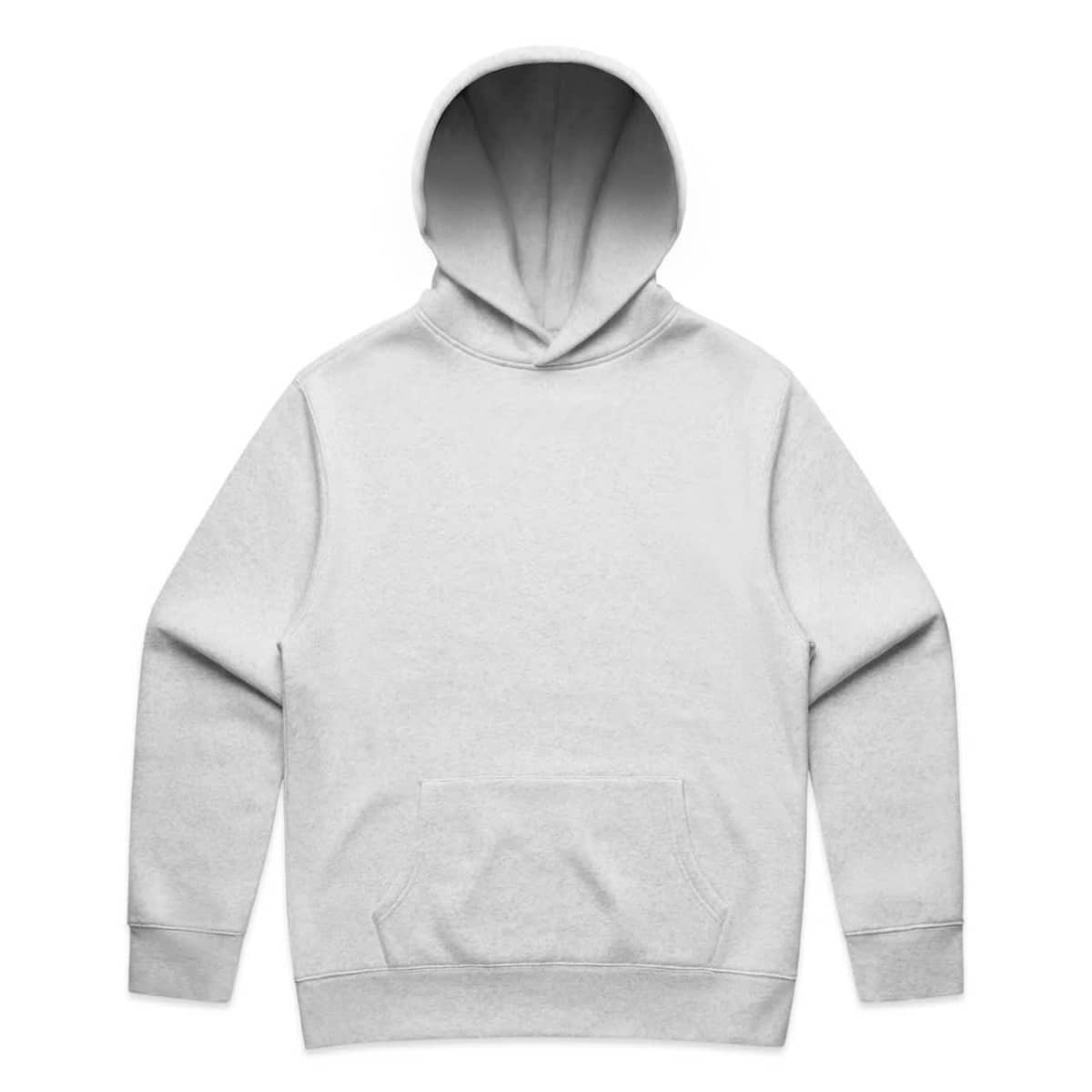 Plain light gray hoodie with front pocket and hood, laid flat on a white background.
