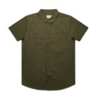 Olive green short-sleeve button-up shirt with two front chest pockets.