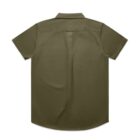 Olive green short-sleeve button-up shirt shown from the back on a white background.
