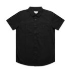 Short-sleeve black button-up shirt with two chest pockets, laid flat on a white background.