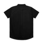 Back view of a short-sleeve black button-up shirt with a collar, laid flat.