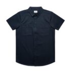 Short-sleeve black button-up shirt with two front chest pockets, laid flat.