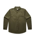 Olive green long-sleeve button-up shirt with two chest pockets, laid flat.