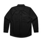 Black long-sleeve button-up shirt shown from the back on a white background.
