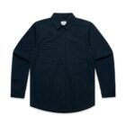 Dark long-sleeve button-up shirt with two chest pockets, laid flat on a white background.