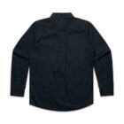 Black, long-sleeve button-up shirt shown from the back on a white background.