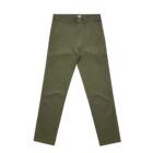 Olive green straight-leg chinos laid flat on a white background.
