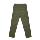 Olive green pants shown from the back, with two welt pockets and straight legs.