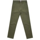 Olive green straight-leg chinos laid flat on a white background.