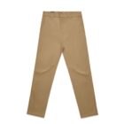 Khaki-colored straight-leg pants laid flat on a white background.