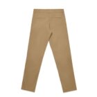 Back view of khaki pants with two back pockets, laid flat on a white background.