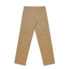Flat lay of tan khaki pants shown from the back against a white background.