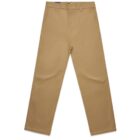 Flat lay of tan-colored, straight-leg casual pants with front pockets and belt loops.