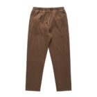 Brown drawstring pants with an elastic waistband, laid flat on a white background.