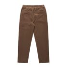 Brown corduroy pants with an elastic waistband and two back pockets, laid flat.