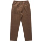 Brown drawstring corduroy pants with elastic waistband, laid flat on a white background.