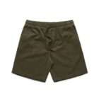 Olive green corduroy shorts with an elastic waistband and drawstring, laid flat.