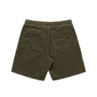 Back view of olive green corduroy shorts with an elastic waistband and two back pockets.