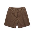 Brown corduroy shorts with an elastic waistband and drawstring, laid flat on a white background.