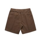 Brown corduroy shorts with an elastic waistband and two back pockets, viewed from behind.