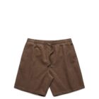 Brown corduroy shorts with an elastic waistband and drawstring, laid flat on a white background.